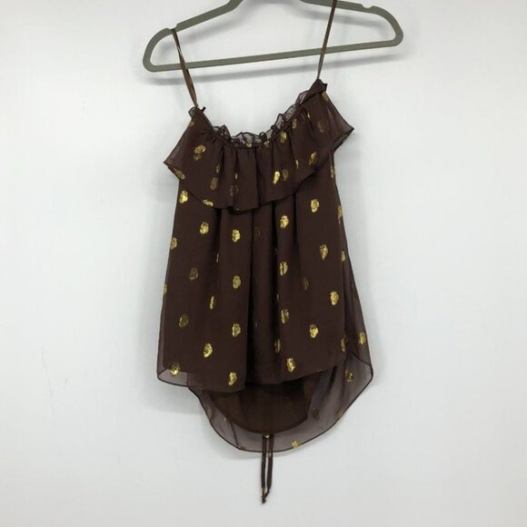 NWT Milly New York Brown silk metallic gold polka dot ruffle multi-tie tank top - Picture 2 of 16